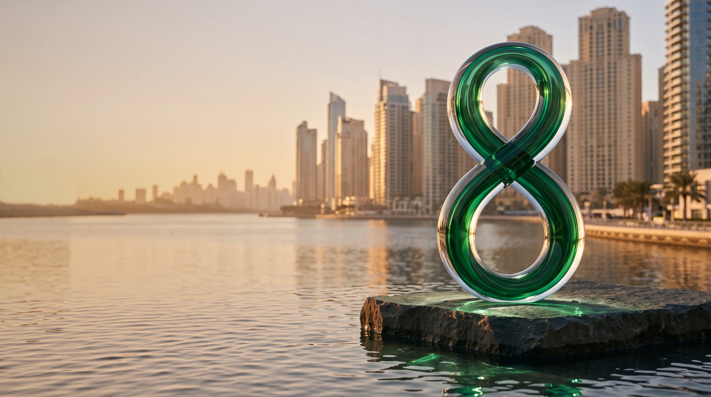 A green glass figure eight on a stone plinth in the water, Dubai Marina towers behind at sunrise (generated illustration)